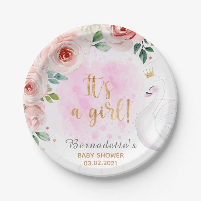 It's a Girl! Floral Swan Princess Baby Shower Paper Plate (Front)