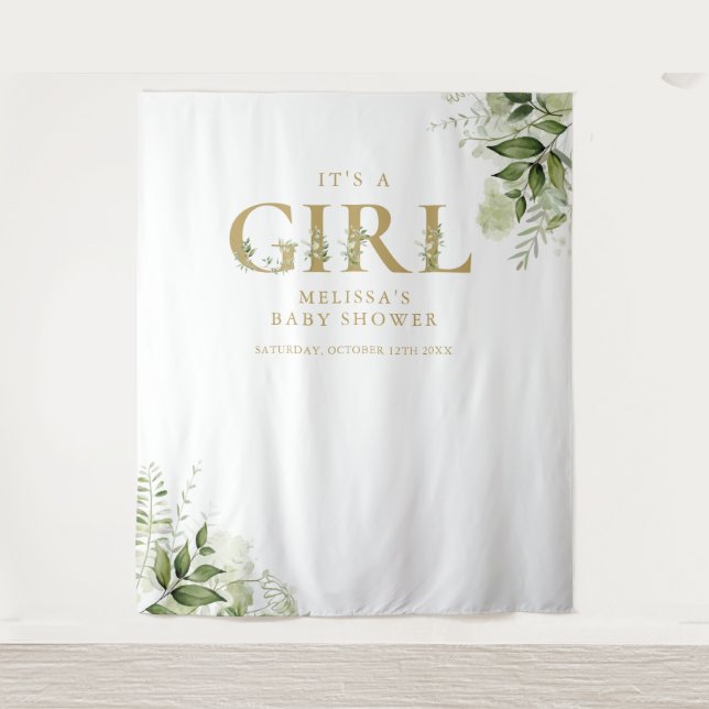 Its A Girl Foliage Gold Baby Shower Photo Backdrop Tapestry (Front)