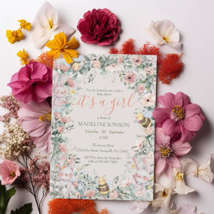 It's a Girl Forest Animals Pink Floral Baby Shower Invitation