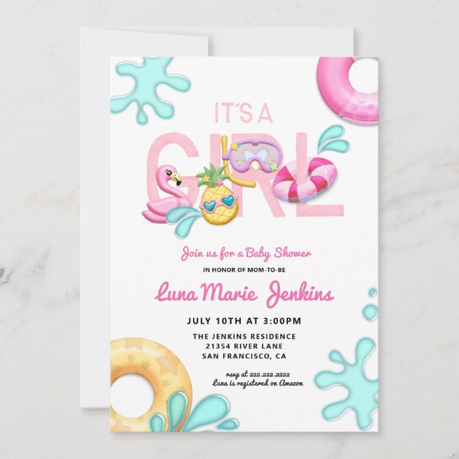 It's a Girl Fun Summer Tropical Pool Baby Shower Invitation (Front)