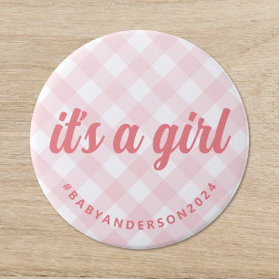 It's a Girl Gingham Baby Shower 7.5 Cm Round Badge