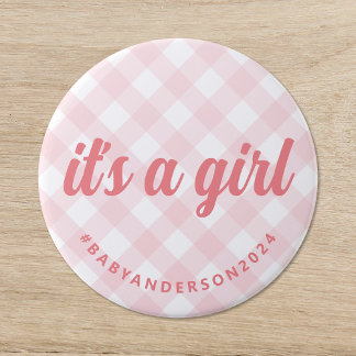 It's a Girl Gingham Baby Shower 7.5 Cm Round Badge