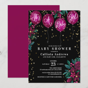 It's a Girl Glitter Balloons Floral Baby Shower Invitation