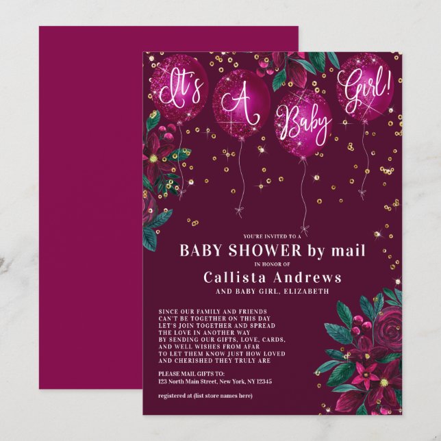 It's a Girl Glitter Balloons Floral Baby Shower Invitation (Front/Back)