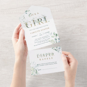 It's a Girl Gold Baby Shower   Diaper Raffle  All In One Invitation