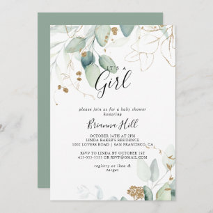 It's A Girl  Gold Eucalyptus Baby Shower  Invitation