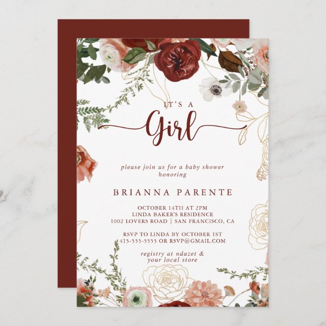 It's A Girl Gold Rustic Floral Baby Shower  Invitation (Front/Back)
