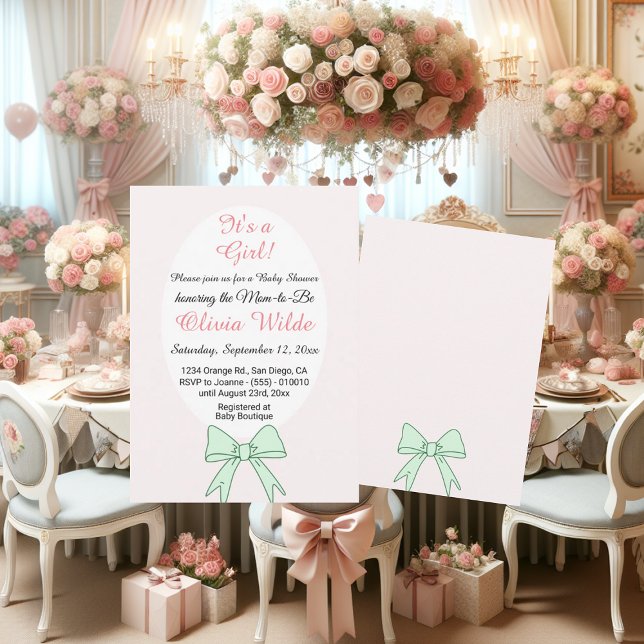 It's a Girl Green Bow & Flowers for a Baby Shower Invitation (Creator Uploaded)