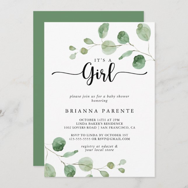 It's A Girl Green Delight Eucalyptus Baby Shower  Invitation (Front/Back)