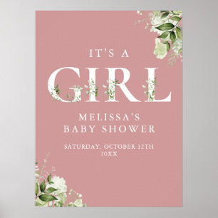 Its A Girl Greenery Dusty Rose Baby Shower Sign