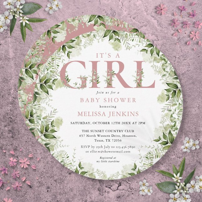 Its A Girl Greenery Dusty Rose Letter Baby Shower Invitation (Its A Girl Greenery Dusty Rose Letter Baby Shower Invitation)