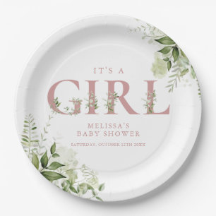 Its A Girl Greenery Dusty Rose Letter Baby Shower Paper Plate