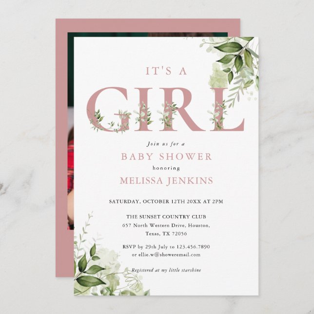 Its A Girl Greenery Dusty Rose Photo Baby Shower Invitation (Front/Back)