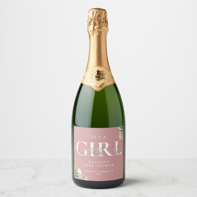 Its A Girl Greenery Dusty Rose Pink Baby Shower Sparkling Wine Label (Front)
