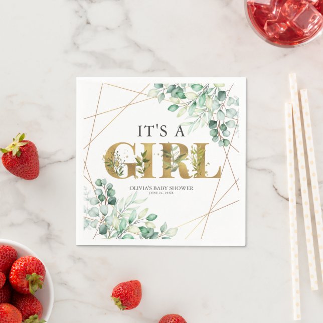Its a Girl Greenery Eucalyptus Gold Baby Shower Napkin (Insitu)