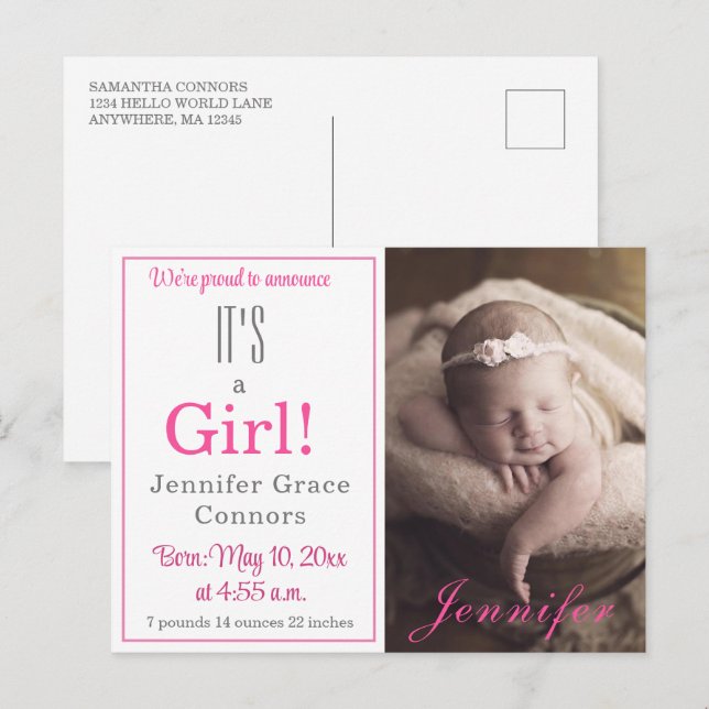 It's a Girl! Hot Pink Baby Birth Announcement  (Front/Back)