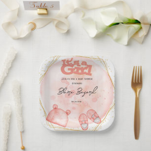 It's A Girl in Pink Coral And Gold Baby Shower Paper Plate
