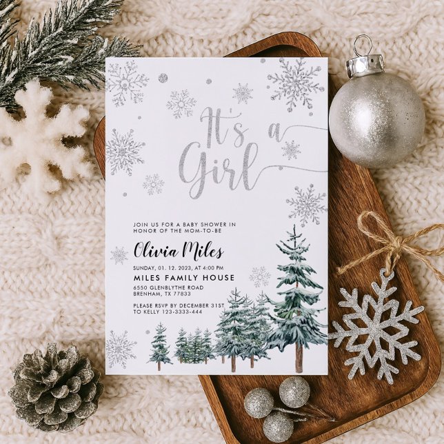 It's a Girl invitation, silver winter baby shower Invitation (Creator Uploaded)