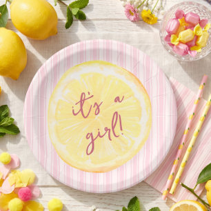 It's a Girl Lemon Stripes Baby Shower Paper Plate