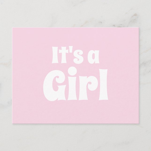 It's a girl light pink white baby announcement postcard (Front)