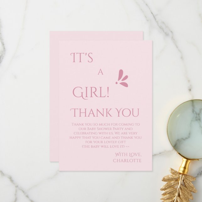 It's A Girl! Minimalism Pastel Pink Baby Shower Thank You Card (Front/Back In Situ)