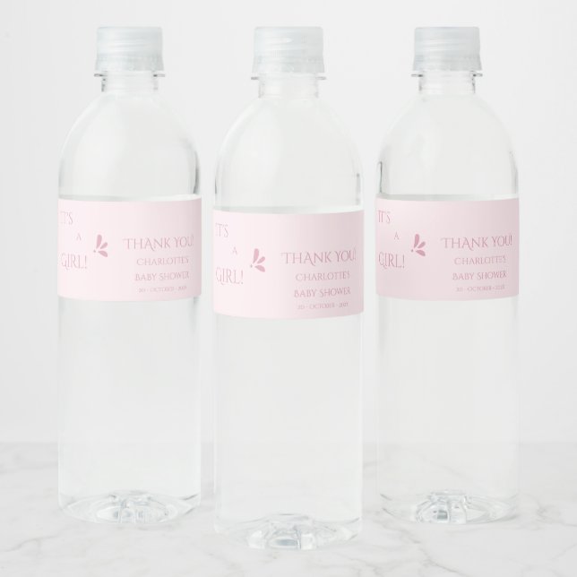 It's A Girl! Minimalism Pastel Pink Baby Shower Water Bottle Label (Bottles)