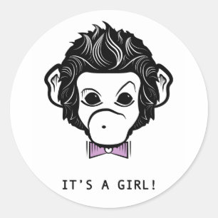 it's a girl! mister monkey classic round sticker