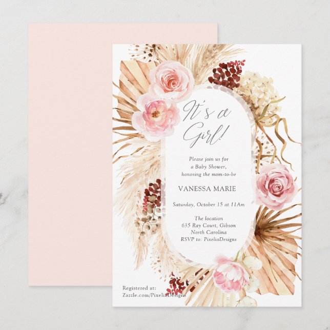 Its a girl modern boho floral arch with pampas  invitation (Front/Back)