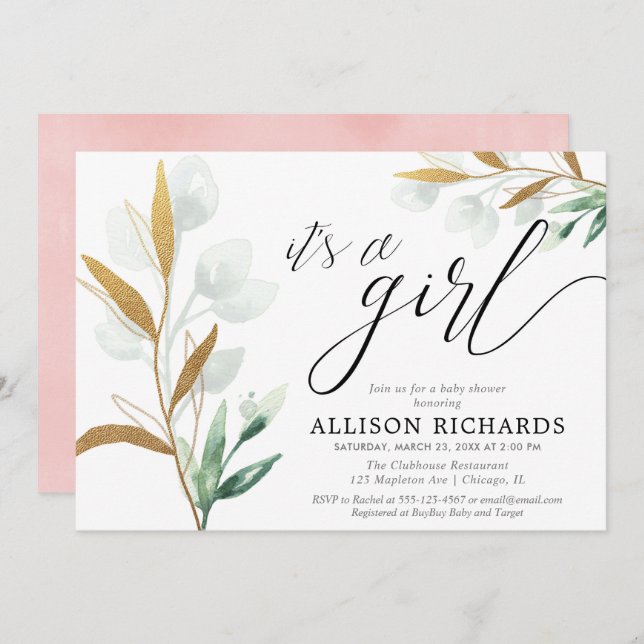 It's a girl modern greenery gold pink baby shower invitation (Front/Back)