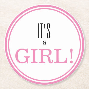 It's a Girl! Modern Pink Baby Announcement Round Paper Coaster