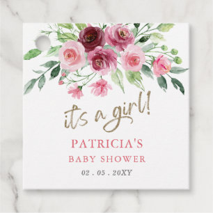 Its a girl Modern Pink Burgundy Floral Baby Shower Favour Tags