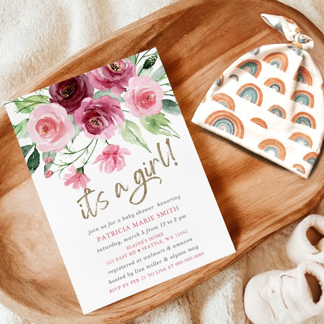 Its a girl Modern Pink Burgundy Floral Baby Shower Invitation (Its a girl Modern Pink Burgundy Floral Baby Shower Invitation)