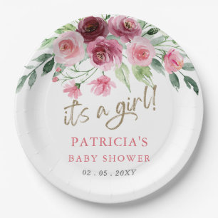 Its a girl Modern Pink Burgundy Floral Baby Shower Paper Plate