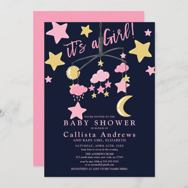 It's a Girl Moon Stars Crib Mobile Baby Shower Invitation (Front/Back)