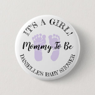 Its a Girl Mum To Be Purple Footprints Button