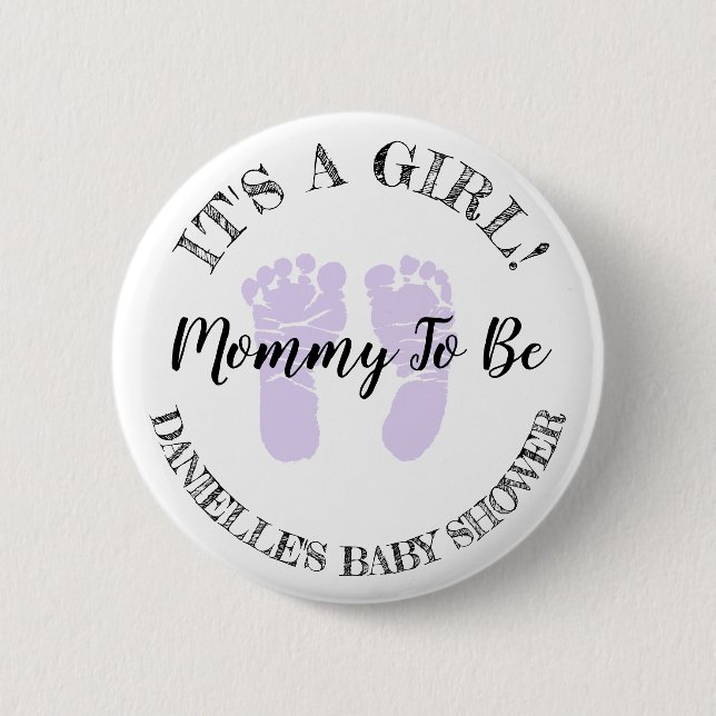 Its a Girl Mum To Be Purple Footprints Button (Front)