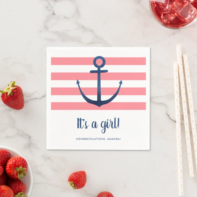 It's a Girl Nautical Pink Navy Baby Shower Napkins (Insitu)