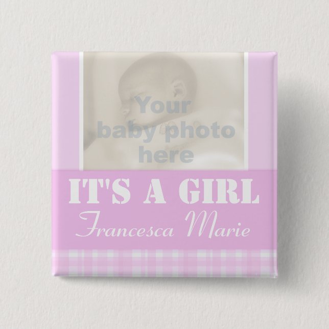 "It's a girl" newborn photo and name lillac badge (Front)