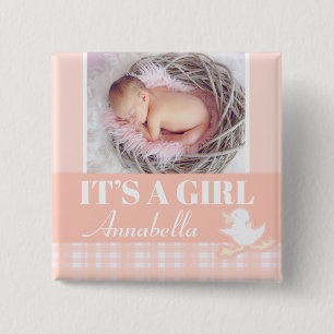"It's a girl" newborn photo and name peach badge