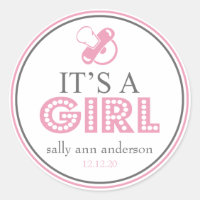 It's A Girl Pacifier Favour Sticker (Pink / Grey)