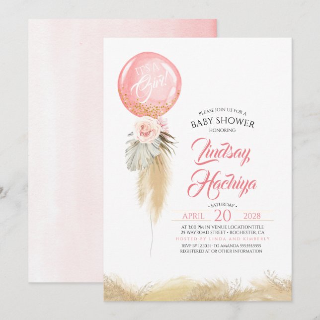 It's A Girl Pampas Grass Pink Balloon Baby Shower Invitation (Front/Back)