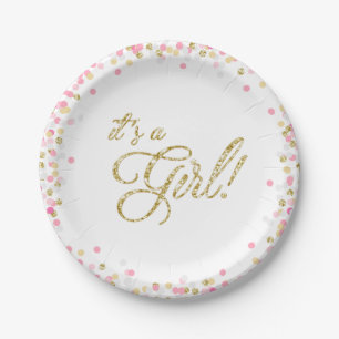 It's a girl Paper Plates Baby shower Pink Gold