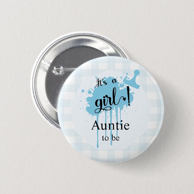 It's a Girl! Pastel Blue Gingham Auntie-to-be 6 Cm Round Badge (Front & Back)