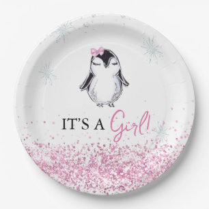 It's a Girl Penguin Winter Baby Shower Paper Plate