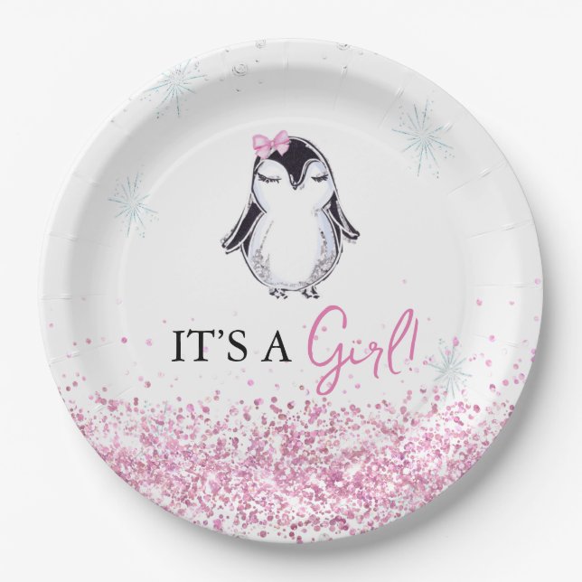 It's a Girl Penguin Winter Baby Shower Paper Plate (Front)