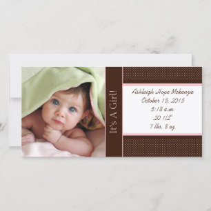 It's A Girl -Photo Card Stats Deep Brown Pink Dots