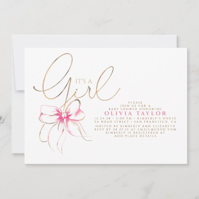 It's a Girl Pink and Gold Elegant Baby Shower Invitation (Front)