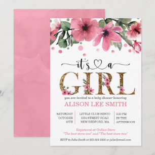 It's a girl Pink and gold watercolor baby shower