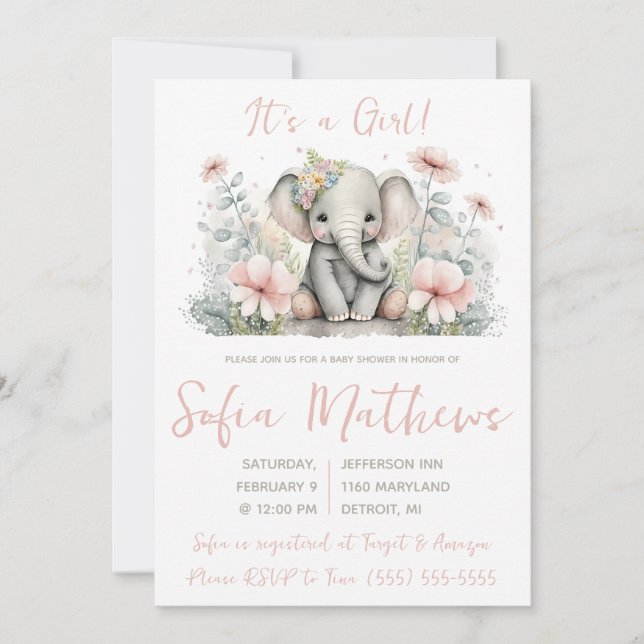 It's a Girl!  Pink and Grey Elephant Baby Shower Invitation (Front)