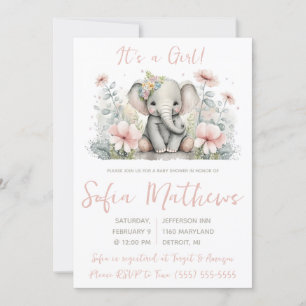 It's a Girl!  Pink and Grey Elephant Baby Shower Invitation